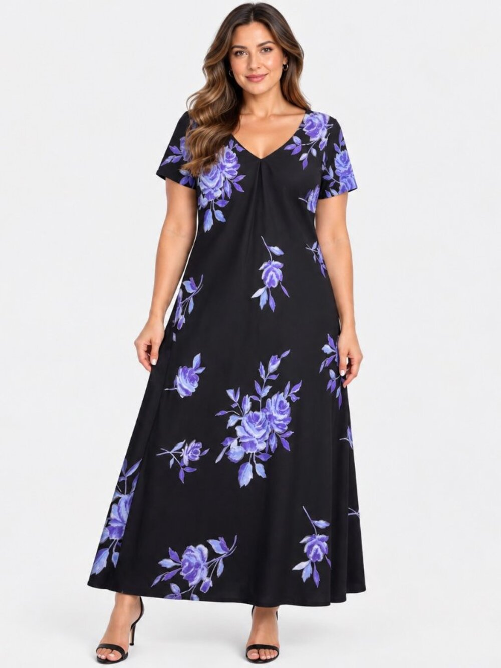 JONES NEW YORK Women’s 14 Black Purple Floral Print Short Sleeve A-Line Maxi